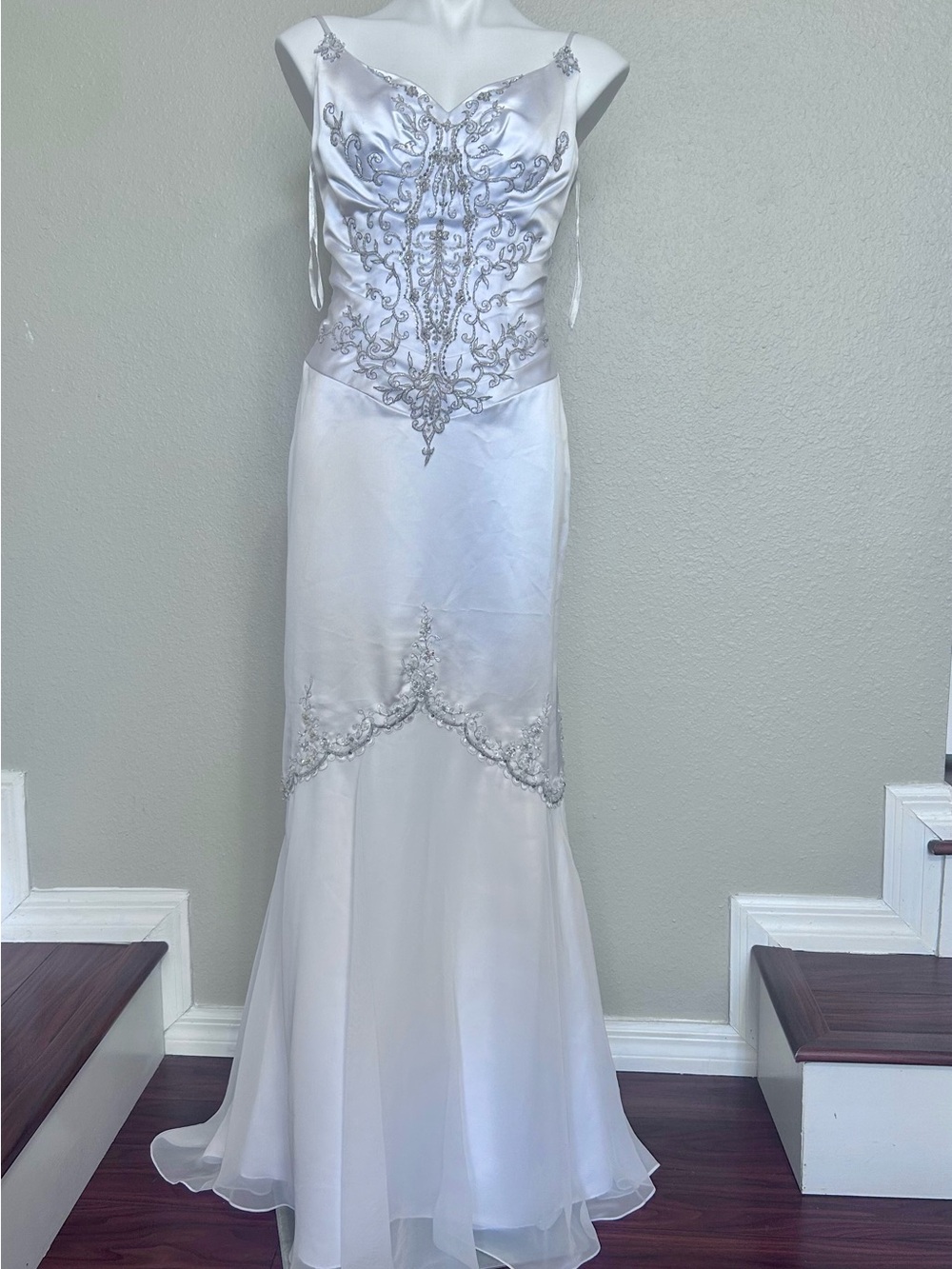 Symphony Bridal White Satin & Chiffon Embroidered Evening Dress